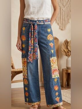 Floral Wide Leg Denim Upcycled Jeans OOAK Couture RARE